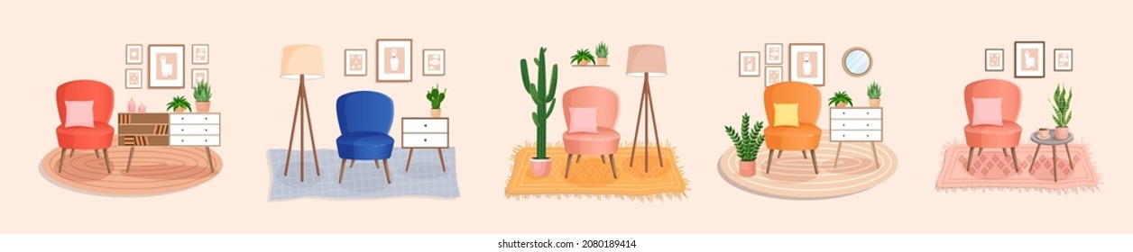 Set of cute interiors with an chair. Cute interior with modern furniture and plants. Living room interior. Vector flat style illustration. Trendy scandinavian hygge apartment. Collection.