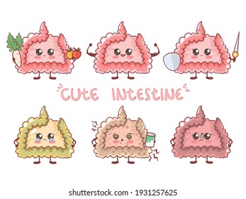 set of cute intestine healthy and unhealthy human organ. cartoon