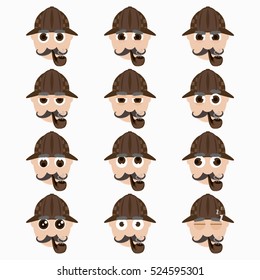 Set of cute investigator emoticons. Vector illustration.