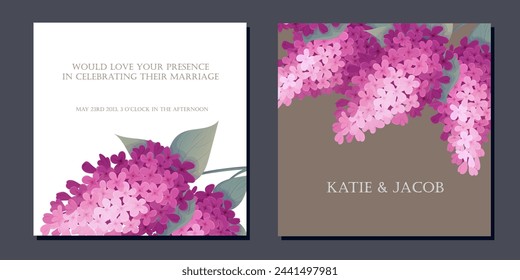 Set of cute invitation cards with lilac flowers, and stain textures. Vector perfect for a wedding card, save the date, or greeting card.