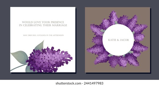 Set of cute invitation cards with lilac flowers, and stain textures. Vector perfect for a wedding card, save the date, or greeting card.