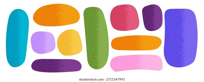 Conjunto de formas irregulares bonitas com textura ruidosa em estilo de rabiscar. Etiquetas, etiquetas, balões de fala ou aspas isolados no fundo branco. Formas geométricas assimétricas desenhadas à mão. Ilustração plana vetorial.