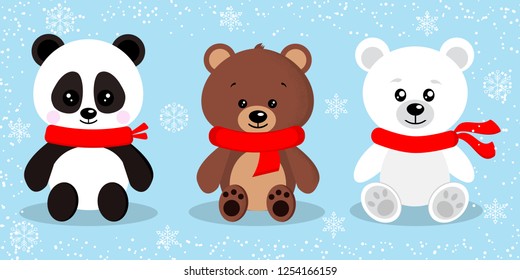Set of cute isolated christmas bear in red scarves in sitting pose: panda, white polar bear, brown bear in snow blue background in cartoon flat style. Vector illustration. 