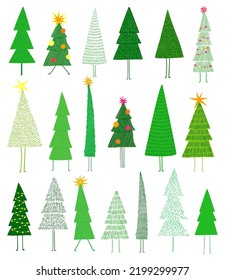 Eine Reihe süßer, isolierter Weihnachtsbaumillustrationen. Frische Aufkleber, Karte oder Plakat für Weihnachtsfeiertage.