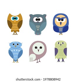 Set of cute isolated colorful owls. White background. Flat style illustration.