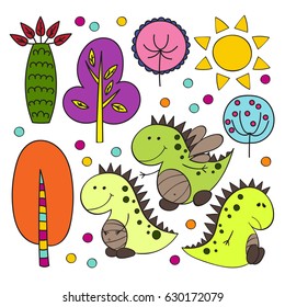 Set of cute isolated dinosaurs and multicolor abstract trees, vector illustration