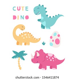 Set of cute isolated dinosaurs. Triceratops, brontosaurus, tyrannosaurus, egg, tropical leaves. Vector illustration for children on a white background.