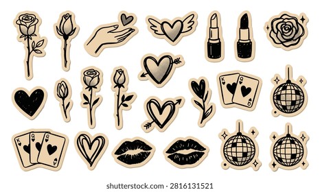 Set of cute isolated doodle elements in a retro aesthetic, ideal for Valentine's day, wedding invitations, or romantic scrapbooking. Includes roses, queen and king cards, winged heart, and sparkling disco ball, all with a rustic paper effect.