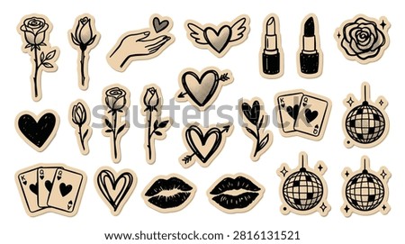 Set of cute isolated doodle elements in a retro aesthetic, ideal for Valentine's day, wedding invitations, or romantic scrapbooking. Includes roses, queen and king cards, winged heart, and sparkling disco ball, all with a rustic paper effect.