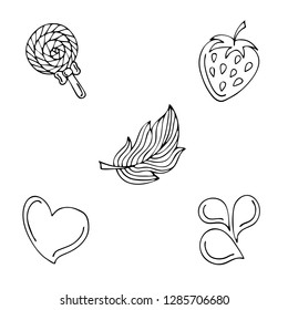 Set of cute isolated doodles: feather, lollipop, strawberry, heart and water drops. Black and white sketch, white background. Flat hand drawn doodle style vector illustration.
