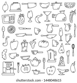 Set of cute isolated elements with fruits and vegetables, kitchen appliances.