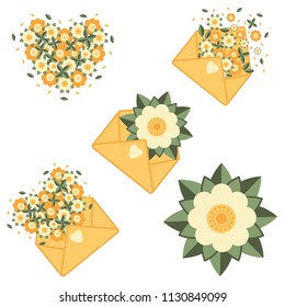 Set of cute isolated floral compositions with flowers, leaves, petals and envelopes. White background. Flat style illustration. Vector.