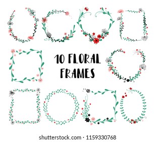 Set of cute isolated floral frames by format: round, heart, rectangle, ellipse and square. Perfect for wedding invitations, birthday or any greeting cards.