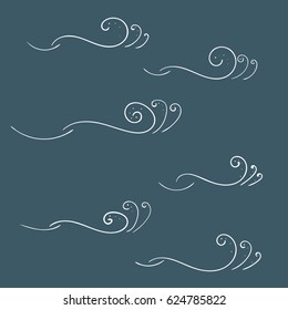 Set of cute isolated hand drawn cartoon white waves