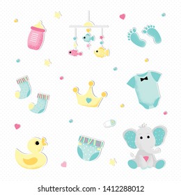 Set cute isolated icons in flat style for a boy baby shower. Simple elements for birthday card design in blue green colors. Vector illustration