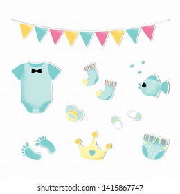 Set cute isolated icons in flat style for a boy baby shower. Simple elements for birthday card design in blue green colors. Vector illustration