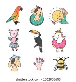 Set with cute isolated illustrations on white background including parrot, toucan, girl and sun, pig with ice cream, unicorn in donut, dog, hand with raspberries and bee