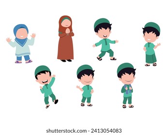 set cute isolated muslim characer. chibi style character design.