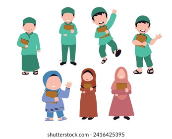 set cute isolated muslim characer. chibi style character design.