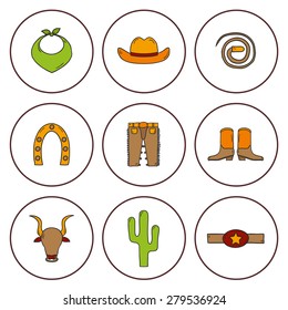 Set of cute isolated rodeo icons made in cartoon hand drawn style. Cowboy's pants, shoe, hat, horseshoe, lasso, cactus. You can use it for your western design.