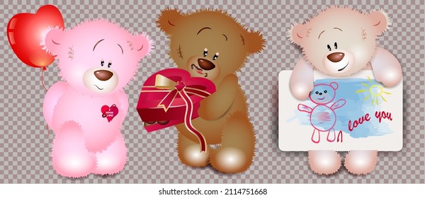 Un conjunto de adorables osos de peluche aislados con regalos