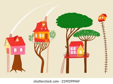 Set of cute isolated tree house illustrations. Cartoon nursery design stickers or poster. Architecture collection.
