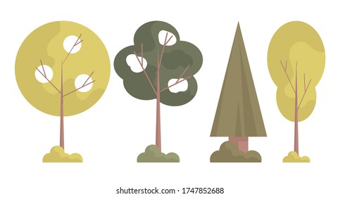 Set of cute isolated trees with green and yellow leaves, a spruce and bushes. White background. Flat style illustration.