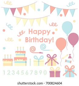 A set of cute isolated vector birthday party icons, items, symbols on white background. Cake, gift, present, balloon, confetti, number, garland, sweet, confetti. Light blue, purple, orange and yellow.