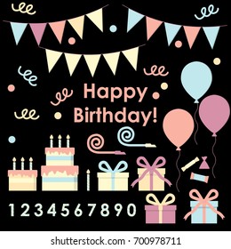 A set of cute isolated vector birthday party icons, items, symbols on black background. Cake, gift, present, balloon, confetti, number, garland, sweet, confetti. Light blue, purple, orange and yellow.