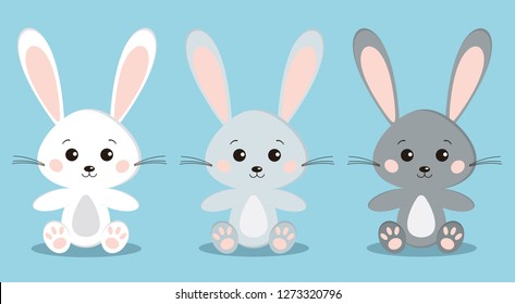 Set of cute isolated white and grey rabbits in sitting pose with big ears on blue background in cartoon flat style. Vector characters illustration. 