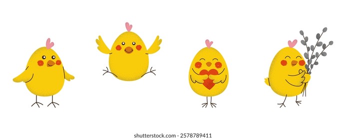 Set of cute isolated yellow fluffy chickens with noise texture in playful poses for Easter. Template in flat hand drawn style. Perfect for greeting cards, nursery decor or festive spring branding