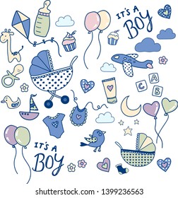 A set of cute items for little Baby boy.Baby cartoon icons, shower design elements in Vector - Great for invitations, card design, banners or textiles.