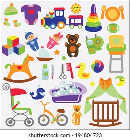 A set of cute items for little Baby.Baby cartoon icons for girl and boys.Baby shower  design elements.