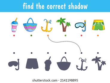 A set of cute items for a summer vacation at the sea - swimming trunks, anchor, lemonade, palm tree. Find the correct shadow. Educational game for children. Cartoon vector illustration, clipart.