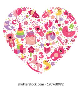 A set of cute items of toys for new born baby-girl in the heart form.Vector design elements.