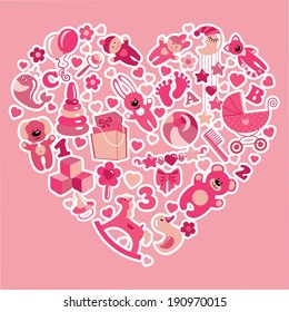 A set of cute items of toys for new born baby-girl in the heart form.Pink colors.Vector design elements.