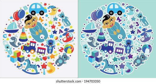 A set of cute items of toys for new born Asian baby-boy in the form of a circle.Set in blue and colorful flowers.Vector icons,design elements.