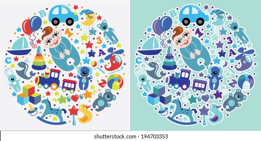 A set of cute items of toys for new born European baby-boy in the form of a circle.Set in blue and colorful flowers.Vector icons,design elements.