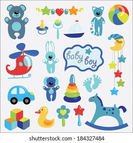 Ein Set süßer Spielzeugartikel für ein kleines Kind. Baby-Cartoon-Symbole für kleine Jungen . Vektorgrafik