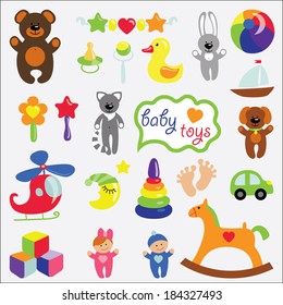 A set of cute items of toys for a small child. Baby cartoon icons for little girl and boys . Set of children's toys,rattle,nipple,dolls,soft toys for the newborn baby. Vector icons,design elements.