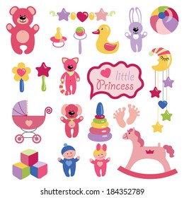 A set of cute items of toys for a small child. Baby cartoon icons for little girl . Vector illustration