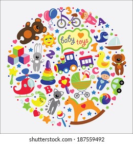 A set of cute items of toys for a small child. Baby cartoon icons for little girl and boys in the form of a circle. Vector icons,design elements.