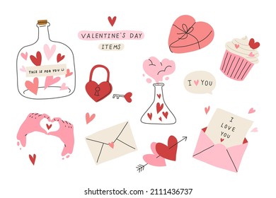 Set of cute items for Valentine's day doodle style. Freehand drawing elements for greeting card, banner decoration, sticker, print. Love letter, bottle, cupcake hands etc. Flat vector illustration. 