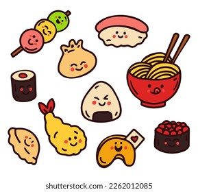 Set of cute Japanese food characters. Hand drawn illustration isolated on white background.