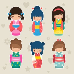Set Of Cute Japanese Kokeshi Dolls