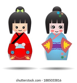 Set of cute Japanese Kokeshi Dolls, Kawaii asian design vector
