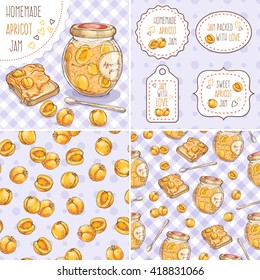 Set of cute jar with apricot jam, spoon, bread and sliced fruit; hand drawn sketch illustration with homemade apricot dessert; seamless pattern, paper labels; package design