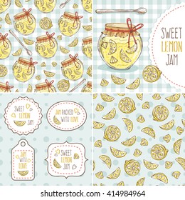 Set of cute jar with lemon jam; hand drawn sketch illustration with homemade dessert and spoon; collection of pattern, paper label with citrus slice; package design