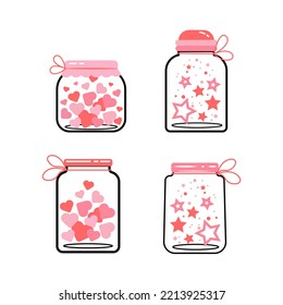 Set of cute jars with hearts and stars. Vector line icons for St. Valentine's Day isolated.