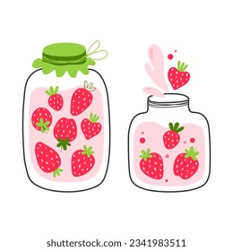 Set with cute jars of strawberry jam. Vector illustration isolated on white background.